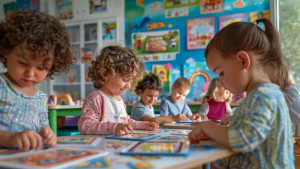 Children playing an indoor game in a bright classroom.