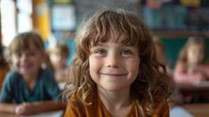 Close-up of a smiling preschool-aged child in a classroom.