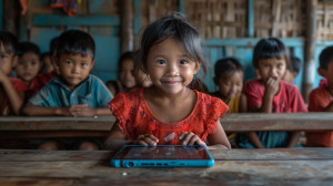 Young girl smiling while using a tablet in a classroom with other children.