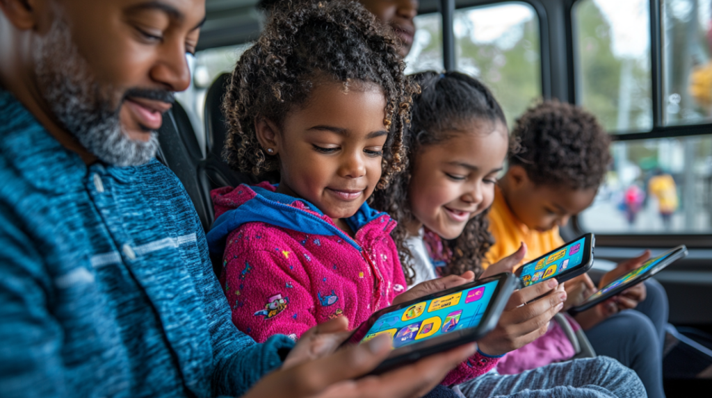 Family using tablets for learning on a bus, showing the flexibility of mobile education for children.