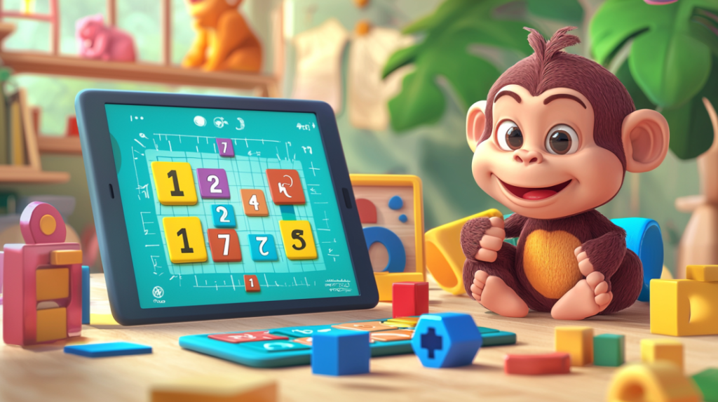 Cartoon monkeys on a tablet screen teaching math to young children with the Monkey Learning app.