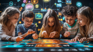 Children solving a digital puzzle together, promoting teamwork and learning.