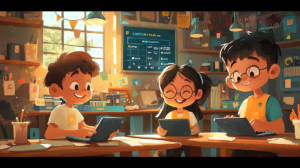 Children competing in a friendly educational game on tablets in a classroom.