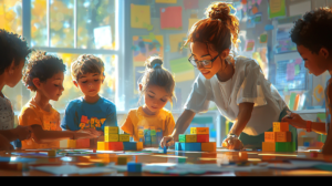 Teacher guiding children in a collaborative learning activity with blocks.