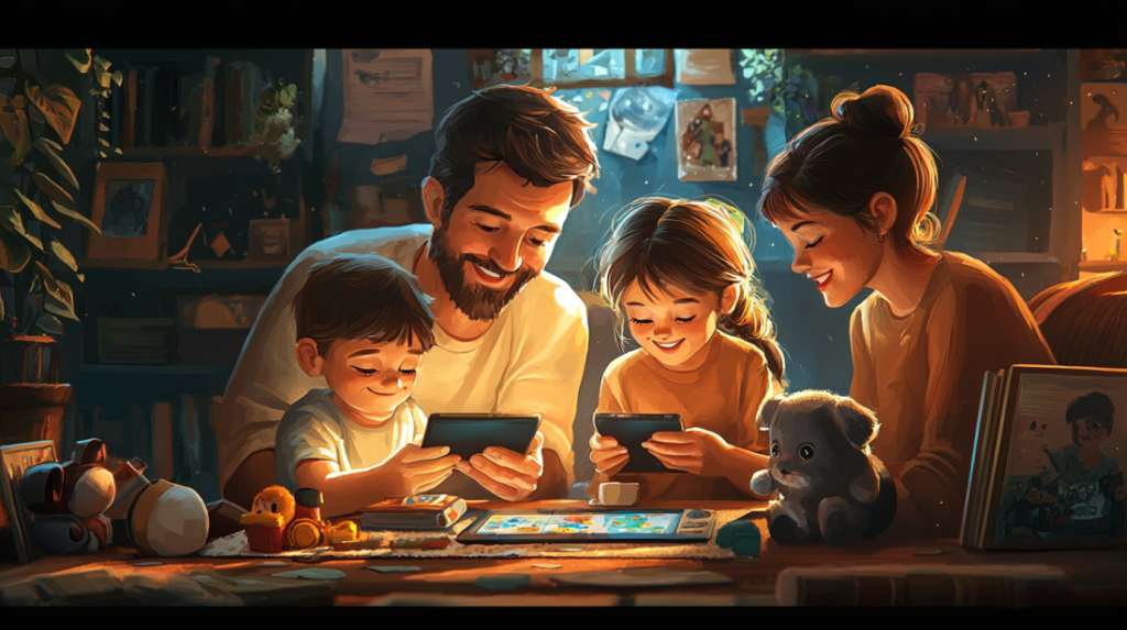 Family playing interactive educational games on tablets in a cozy living room, fostering emotional intelligence and family bonding.