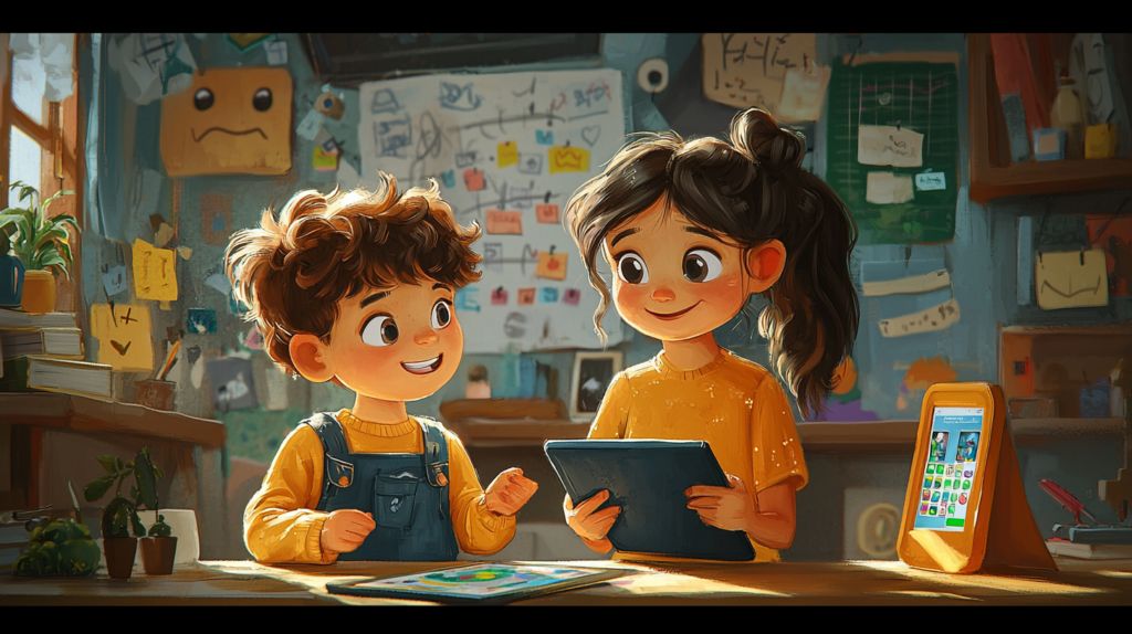Two children collaborating with digital tablets, fostering teamwork and emotional intelligence in a playful environment.