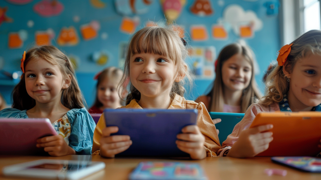 Children smiling and playing educational games on tablets in a colorful classroom.