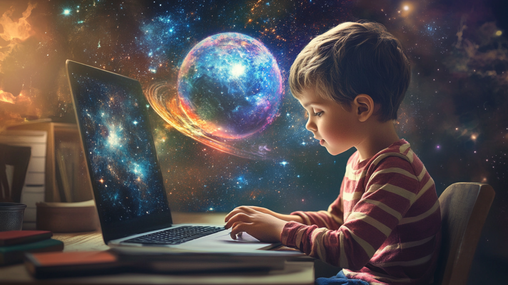 Boy playing an educational game with a cosmic background on his laptop, enhancing imagination and learning.