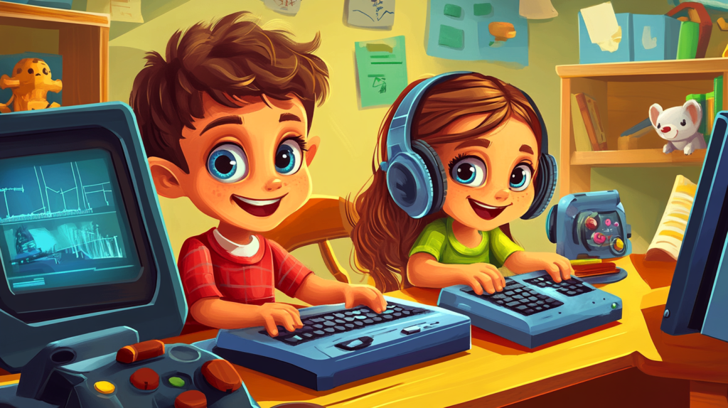 Two children using computers and headphones, playing an educational game together in a colorful room