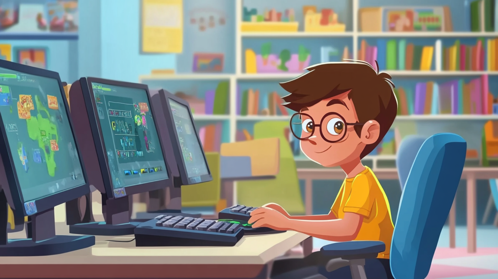 Boy with glasses focused on an educational game on his computer, set in a classroom environment