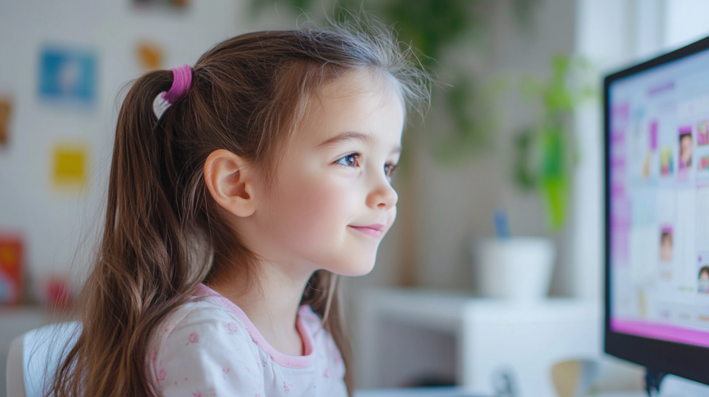 Young girl with ponytail engaged in online learning through an educational game on a computer